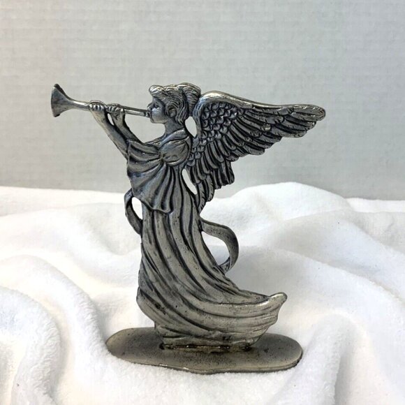 Vintage Silver Metal Horn Blowing Angel Standing Figure - Picture 3 of 5